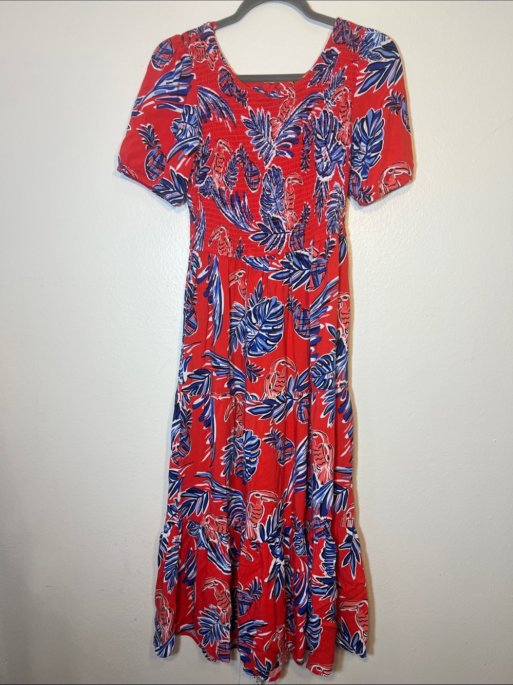 Sincerely Jules Red Maxi Dress with Blue Palm Leaf Print Short Sleeve Smocked M